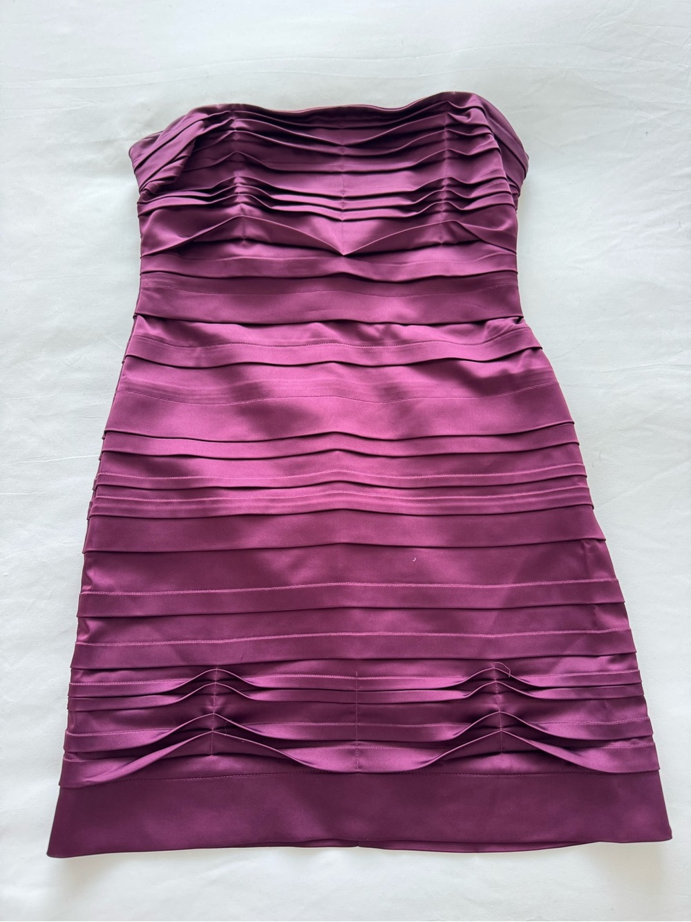 BCBGMaxAzria Strapless Pleated Satin Dress in Plumberry